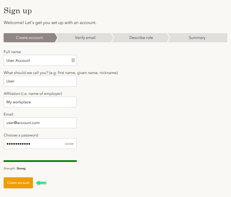 The sign-up form filled out with example information.