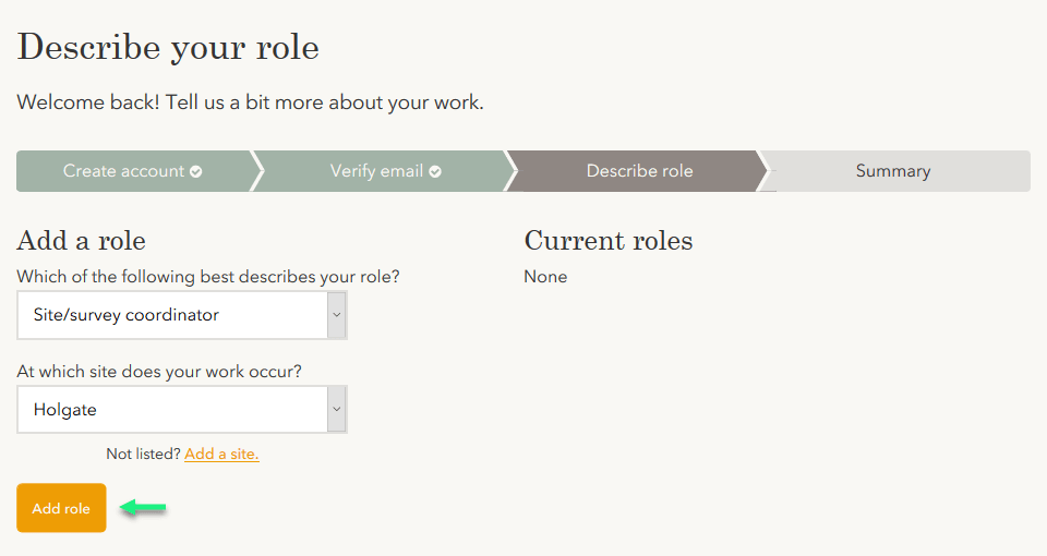 The role selection form filled out with an example role and location.