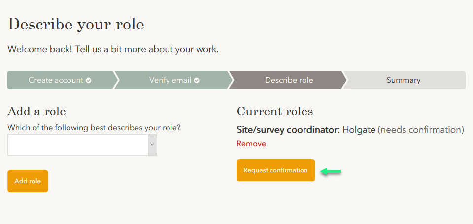 The role selection form with one example role awaiting confirmation.